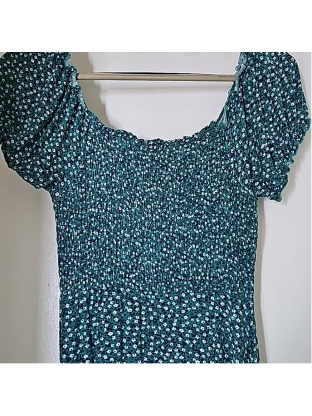 Alya Teal Floral Smocked Puff Sleeve Mini Dress Cottagecore Boho Medium